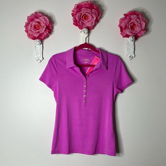 Lilly Pulitzer Reema Short Sleeved Polo Top in color Crocus Petal, size Medium - Picture 3 of 13